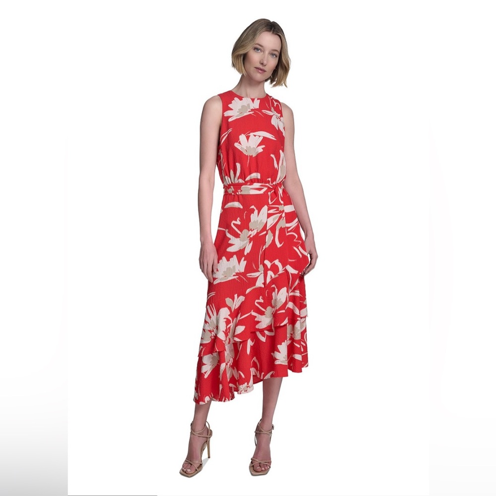 Halston Printed Asymmetrical Ruffle Midi-Dress- size 12